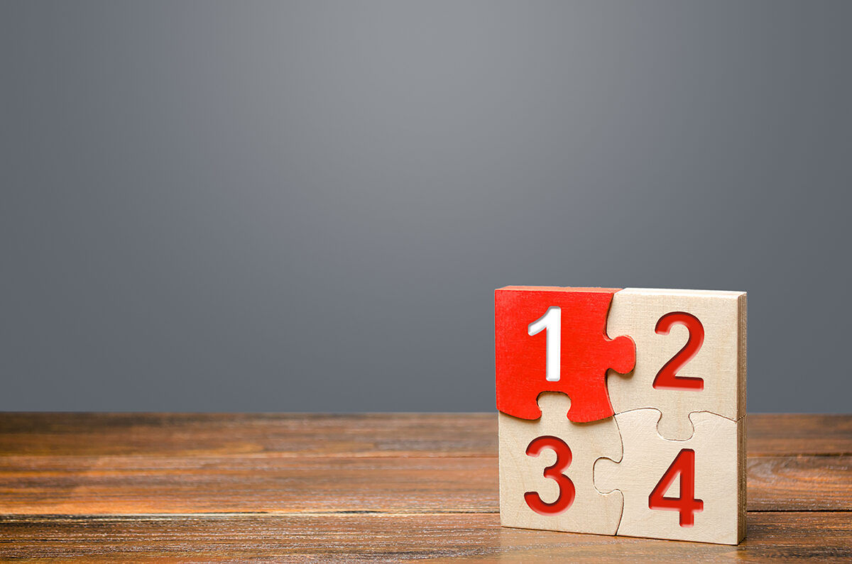 Set of four puzzles with numbers. Contract road map. Organization and systematization, step by step instructions. Procedure, key condition. Business planning, action plan. Priority task items